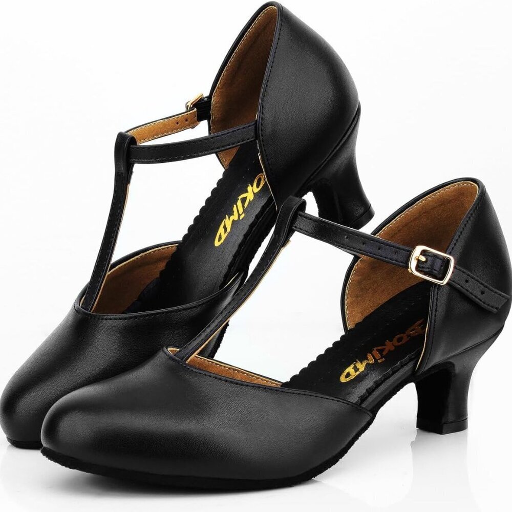 Women's Leather T-Strap Latin Salsa Ballroom Dance Heels Non-Slip Pumps